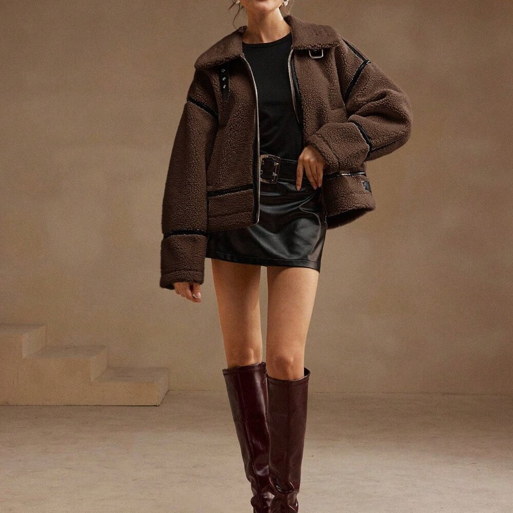 Coffee Brown Casual Women's Patchwork Jacket - Picture 3 of 8